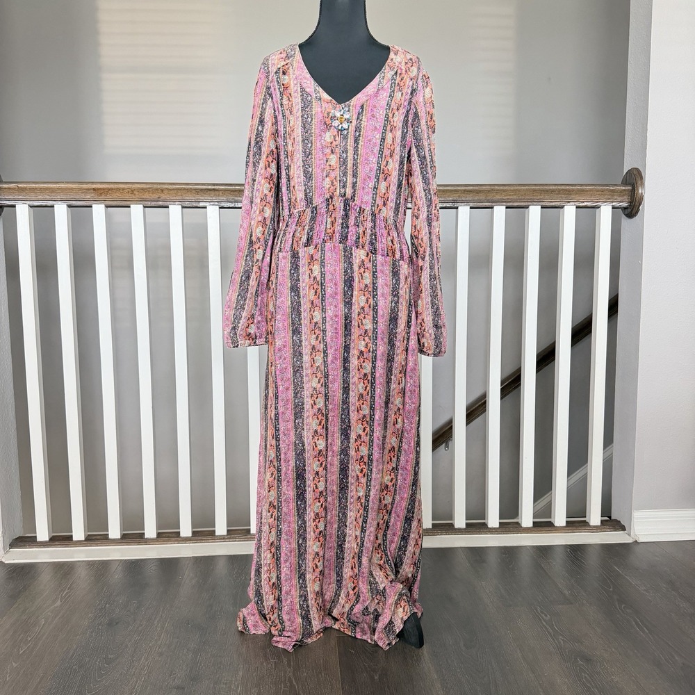 Soft Surroundings Esperanza Dress Womens Small Boho Maxi Puff Sleeve V Neck